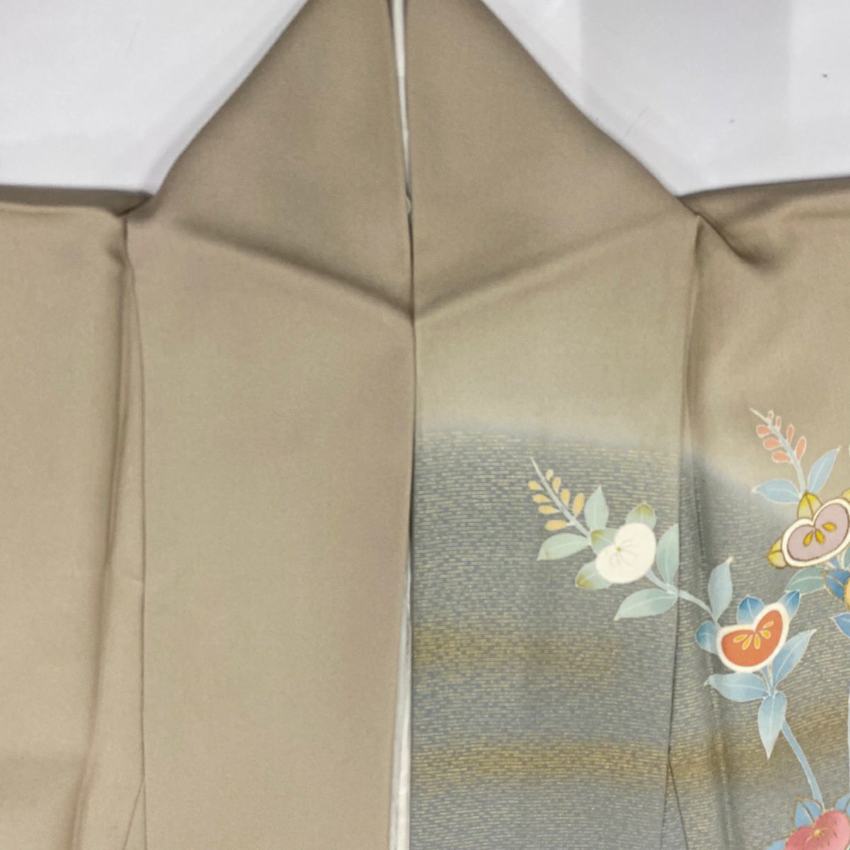 訪問服 身長165.5cm 袖長65cm M 雙層 百貫達雄 落款あり 菊花 橘花 金銀彩 淺茶 純蠶絲 名品級