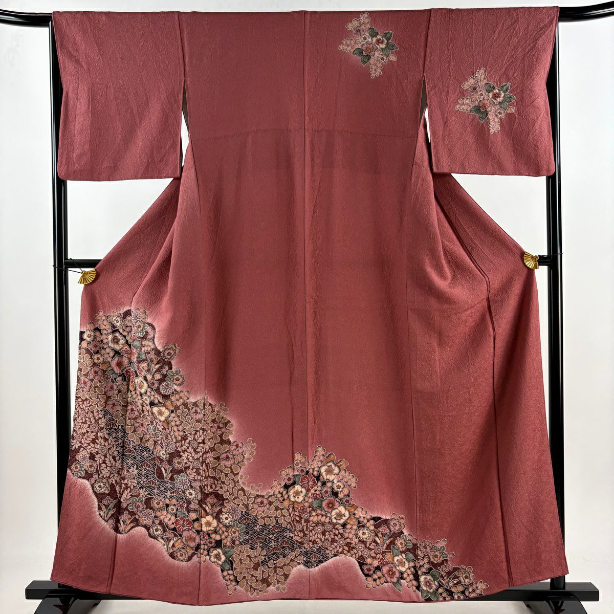訪問服 身長159cm 袖長66.5cm M 雙層 草花紋紋 霞 金銀彩 絞染 紅紫 純蠶絲 名品級