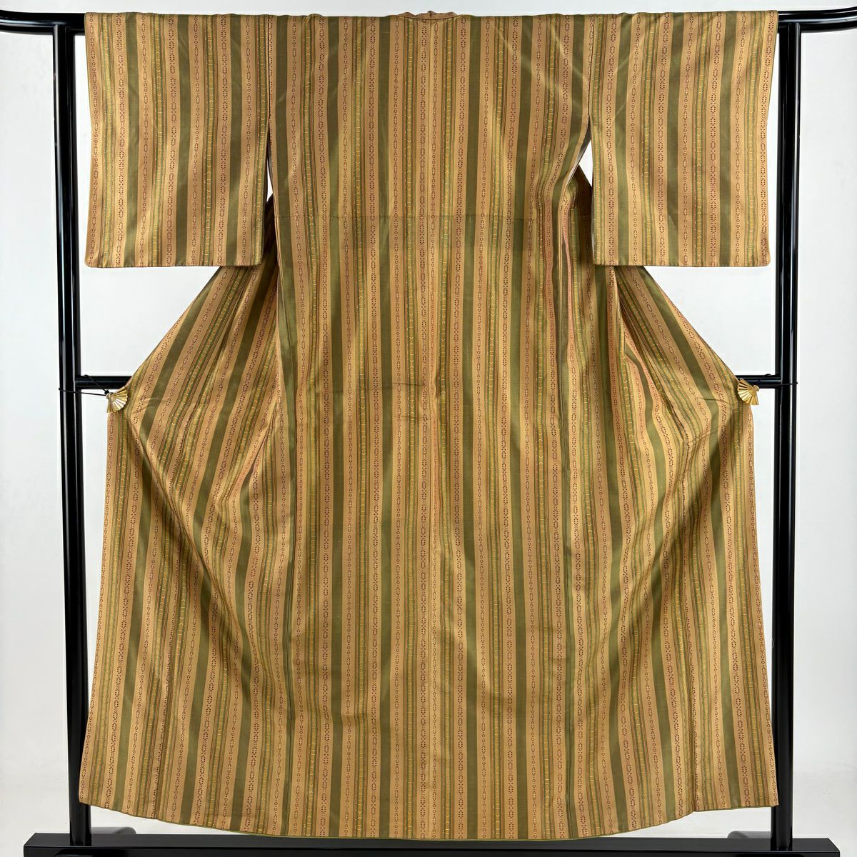 紬織 身長153.5cm 袖長62cm S 雙層 大和 縱條 幾何圖案 淺茶 純蠶絲 美品 秀品級