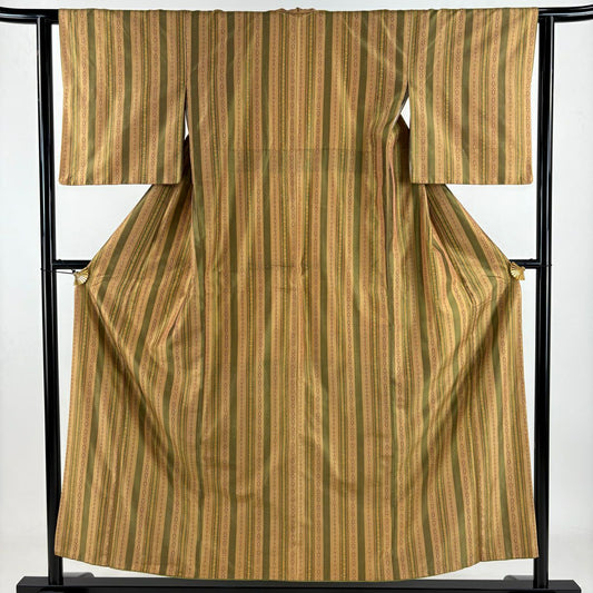 紬織 身長153.5cm 袖長62cm S 雙層 大和 縱條 幾何圖案 淺茶 純蠶絲 美品 秀品級