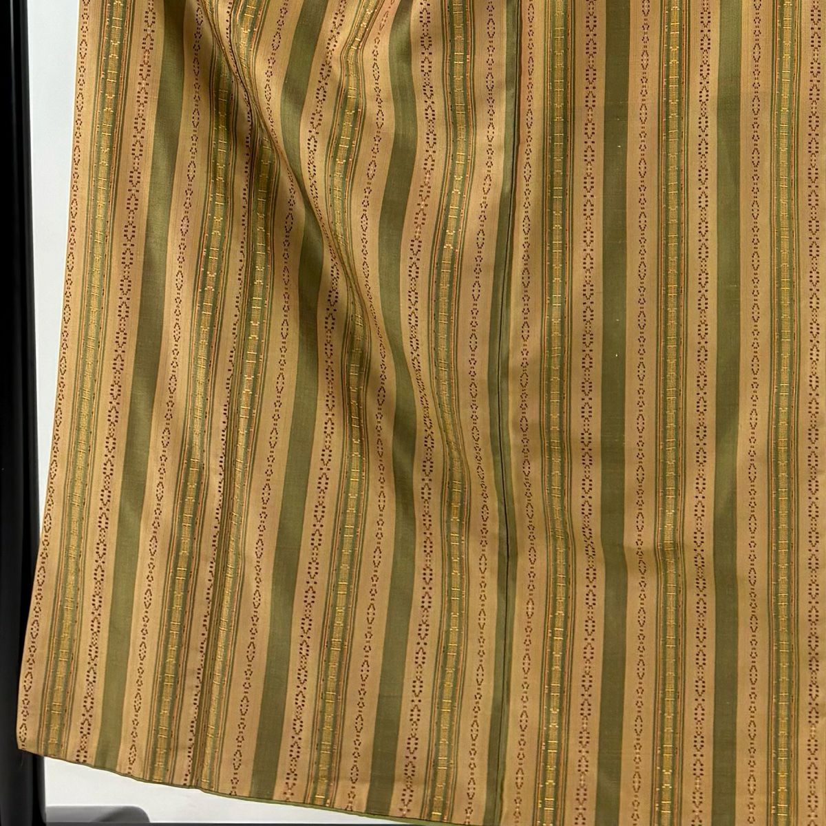 紬織 身長153.5cm 袖長62cm S 雙層 大和 縱條 幾何圖案 淺茶 純蠶絲 美品 秀品級