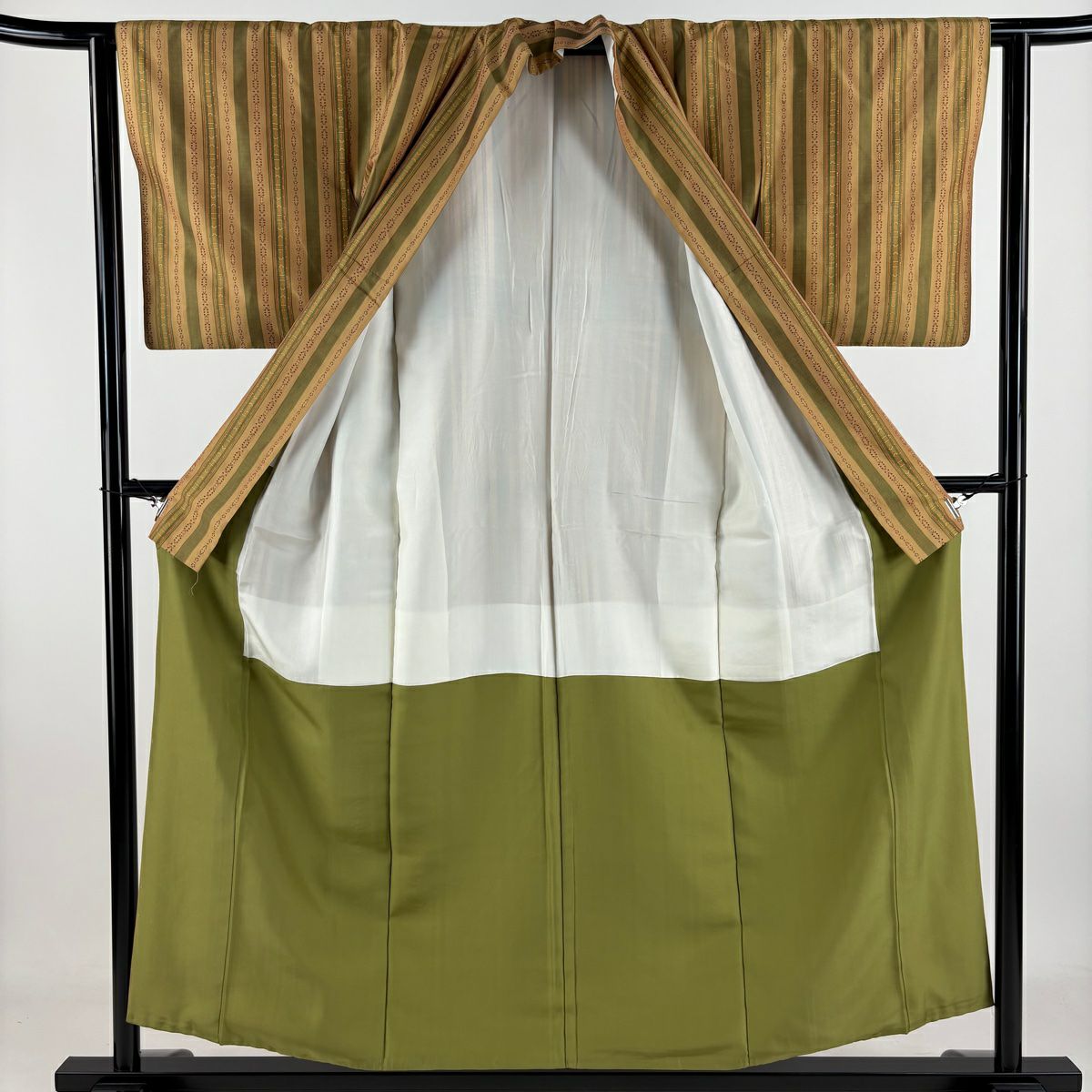 紬織 身長153.5cm 袖長62cm S 雙層 大和 縱條 幾何圖案 淺茶 純蠶絲 美品 秀品級