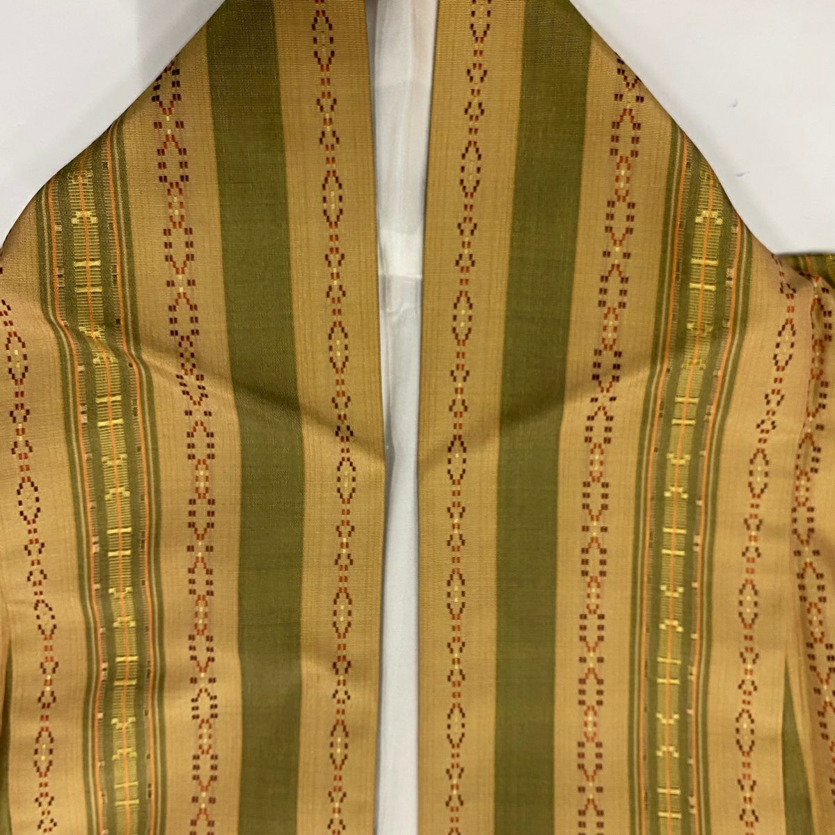 紬織 身長153.5cm 袖長62cm S 雙層 大和 縱條 幾何圖案 淺茶 純蠶絲 美品 秀品級