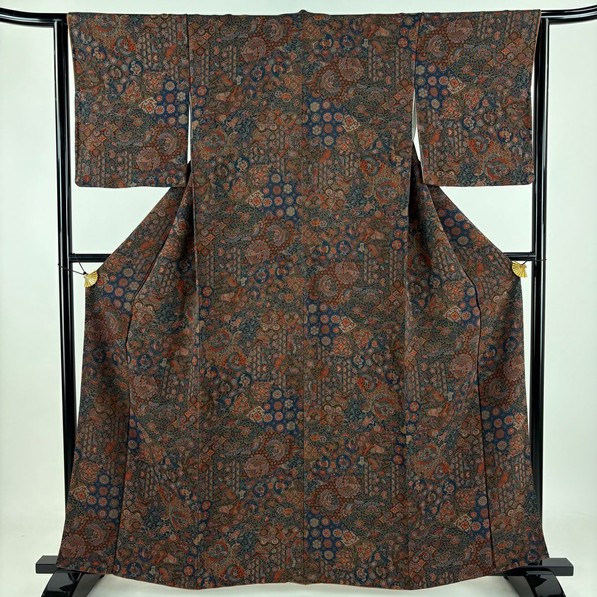 小紋 身長161.5cm 袖長62.5cm S 雙層 草花紋紋 鳥 絞織 茶 純蠶絲 美品 秀品級