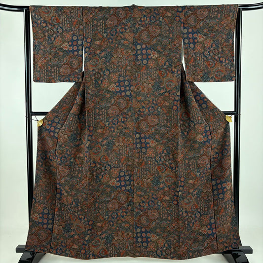 小紋 身長161.5cm 袖長62.5cm S 雙層 草花紋紋 鳥 絞織 茶 純蠶絲 美品 秀品級