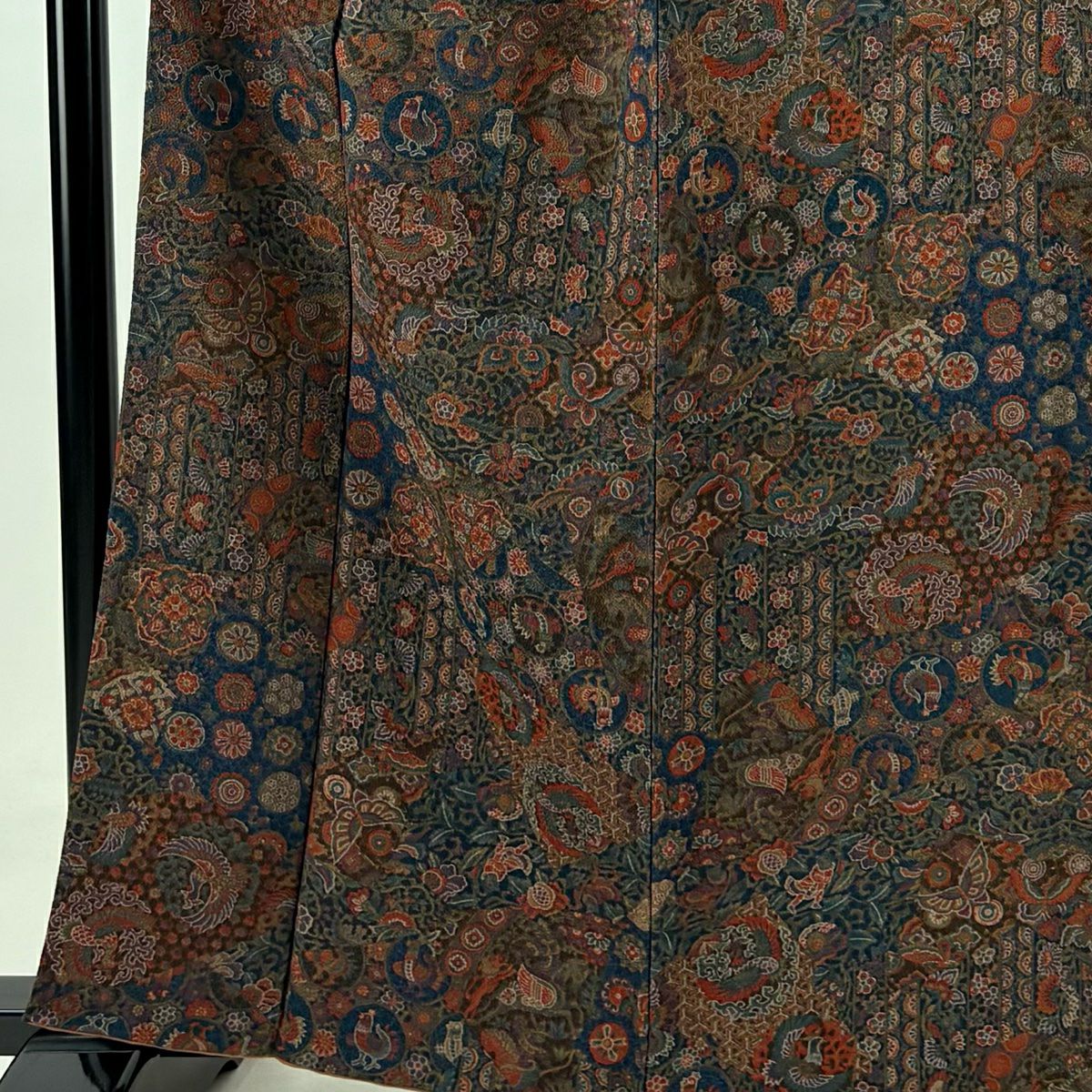 小紋 身長161.5cm 袖長62.5cm S 雙層 草花紋紋 鳥 絞織 茶 純蠶絲 美品 秀品級