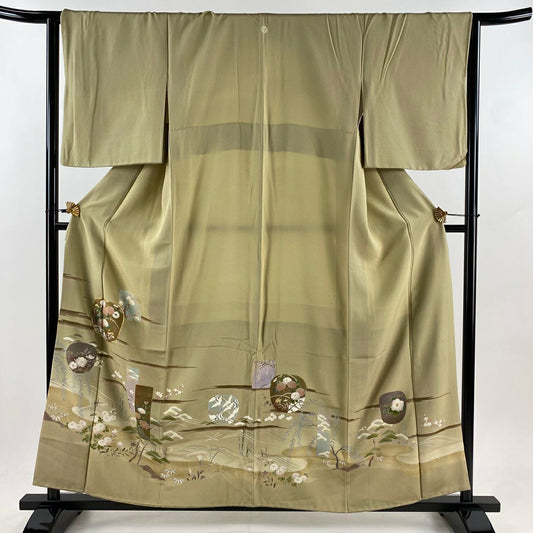 留袖禮服禮服 身長159cm 袖長64cm M 雙層 草花紋紋 霞 金絲 金銀彩 灰綠 純蠶絲 秀品級 一つ紋