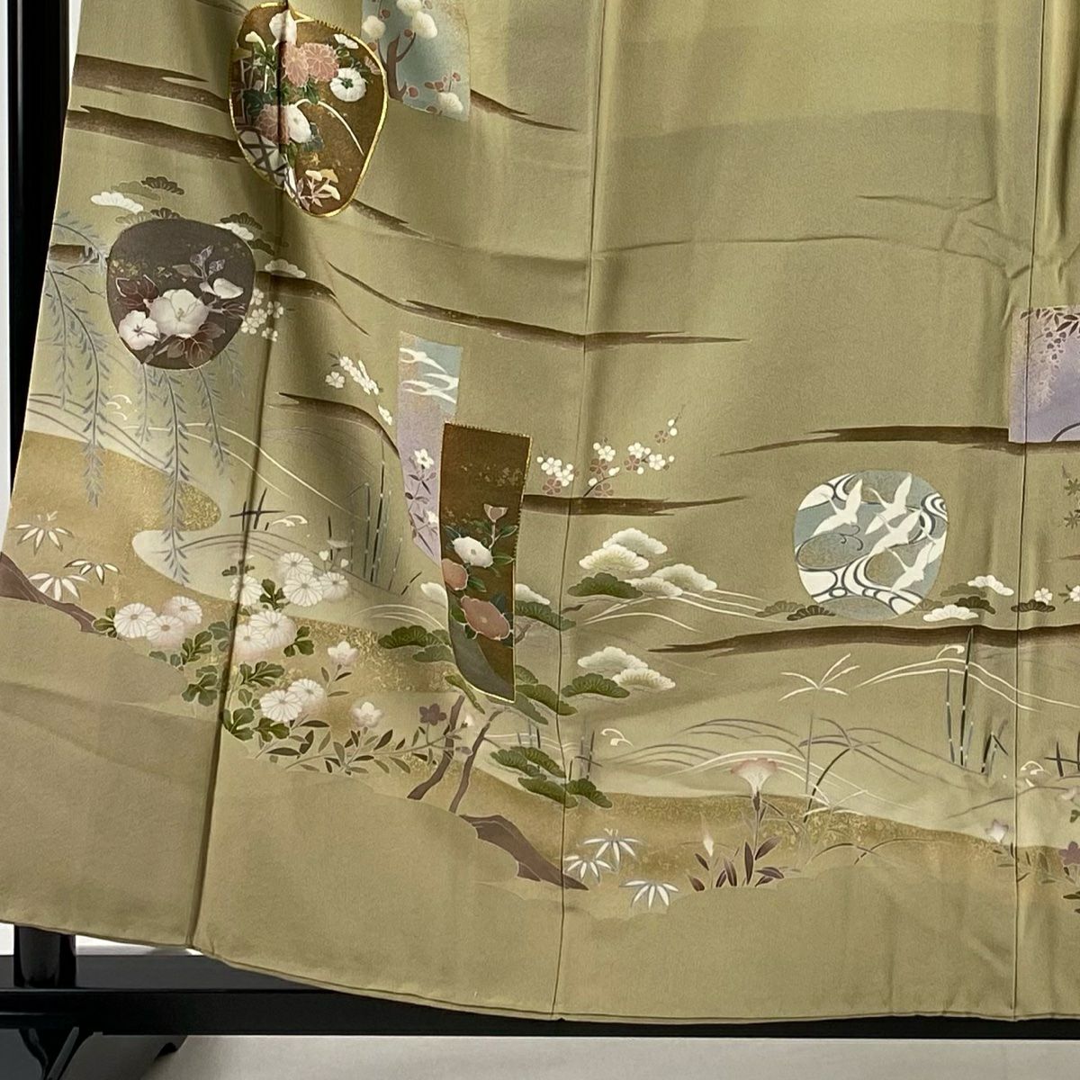 留袖禮服禮服 身長159cm 袖長64cm M 雙層 草花紋紋 霞 金絲 金銀彩 灰綠 純蠶絲 秀品級 一つ紋