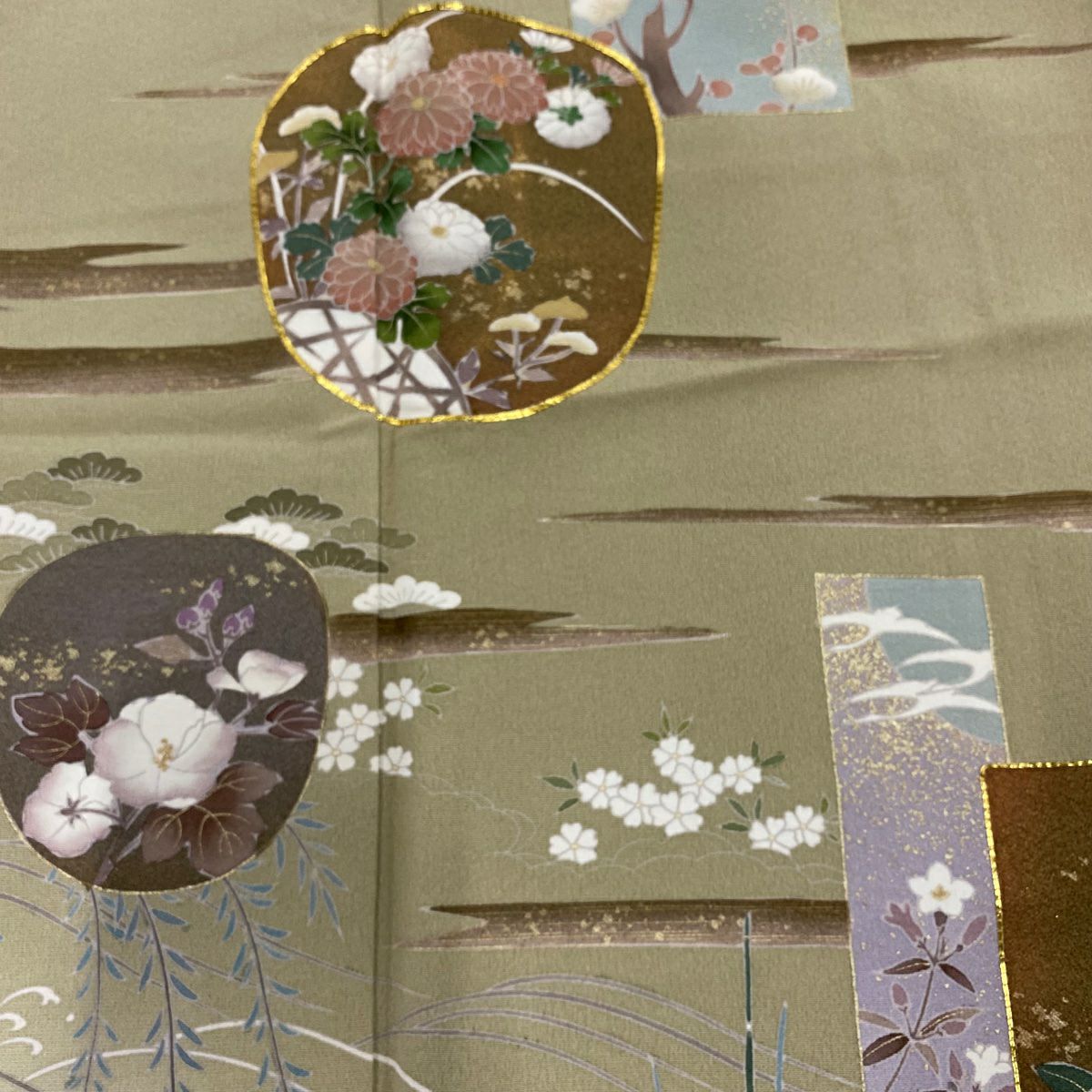留袖禮服禮服 身長159cm 袖長64cm M 雙層 草花紋紋 霞 金絲 金銀彩 灰綠 純蠶絲 秀品級 一つ紋