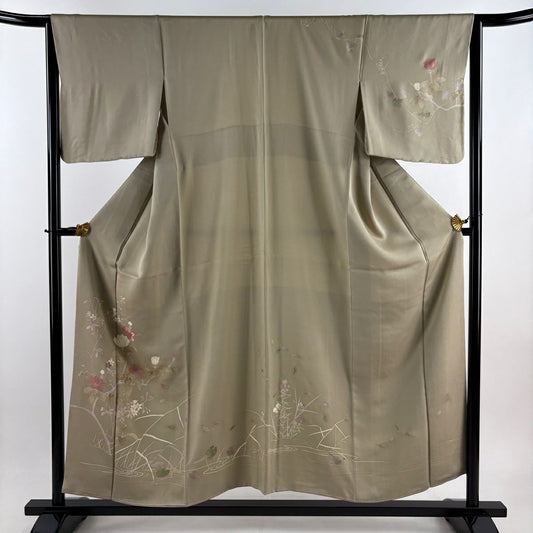 訪問服 身長154.5cm 袖長65cm M 雙層 枝花 流水 刺繡 金糸 灰綠 純蠶絲 秀品級 一つ紋