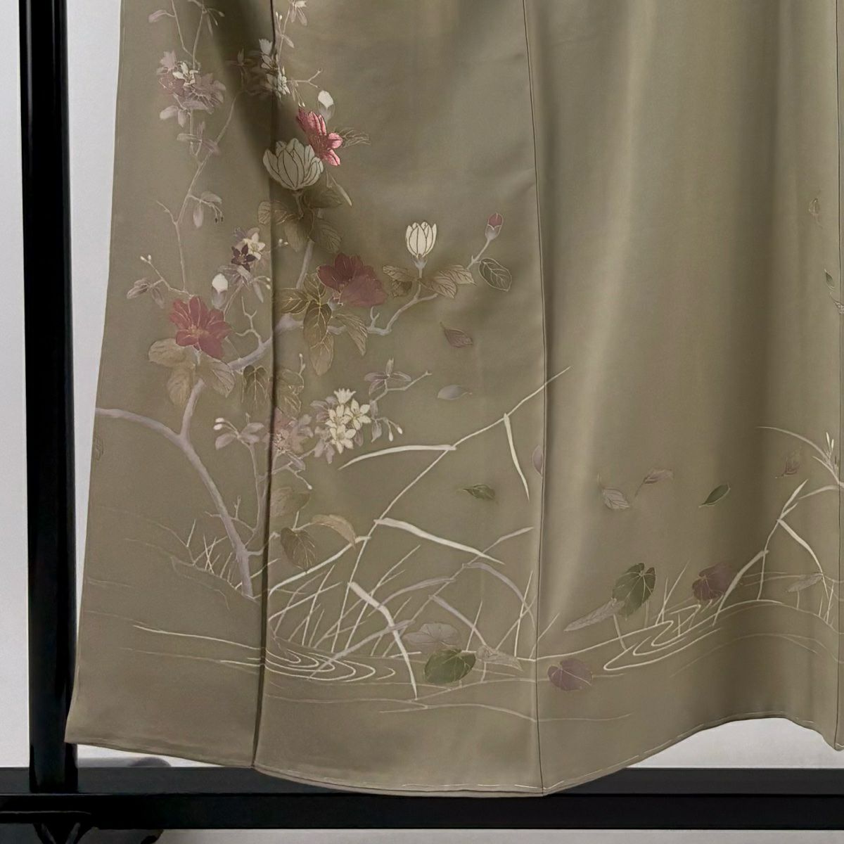 訪問服 身長154.5cm 袖長65cm M 雙層 枝花 流水 刺繡 金糸 灰綠 純蠶絲 秀品級 一つ紋