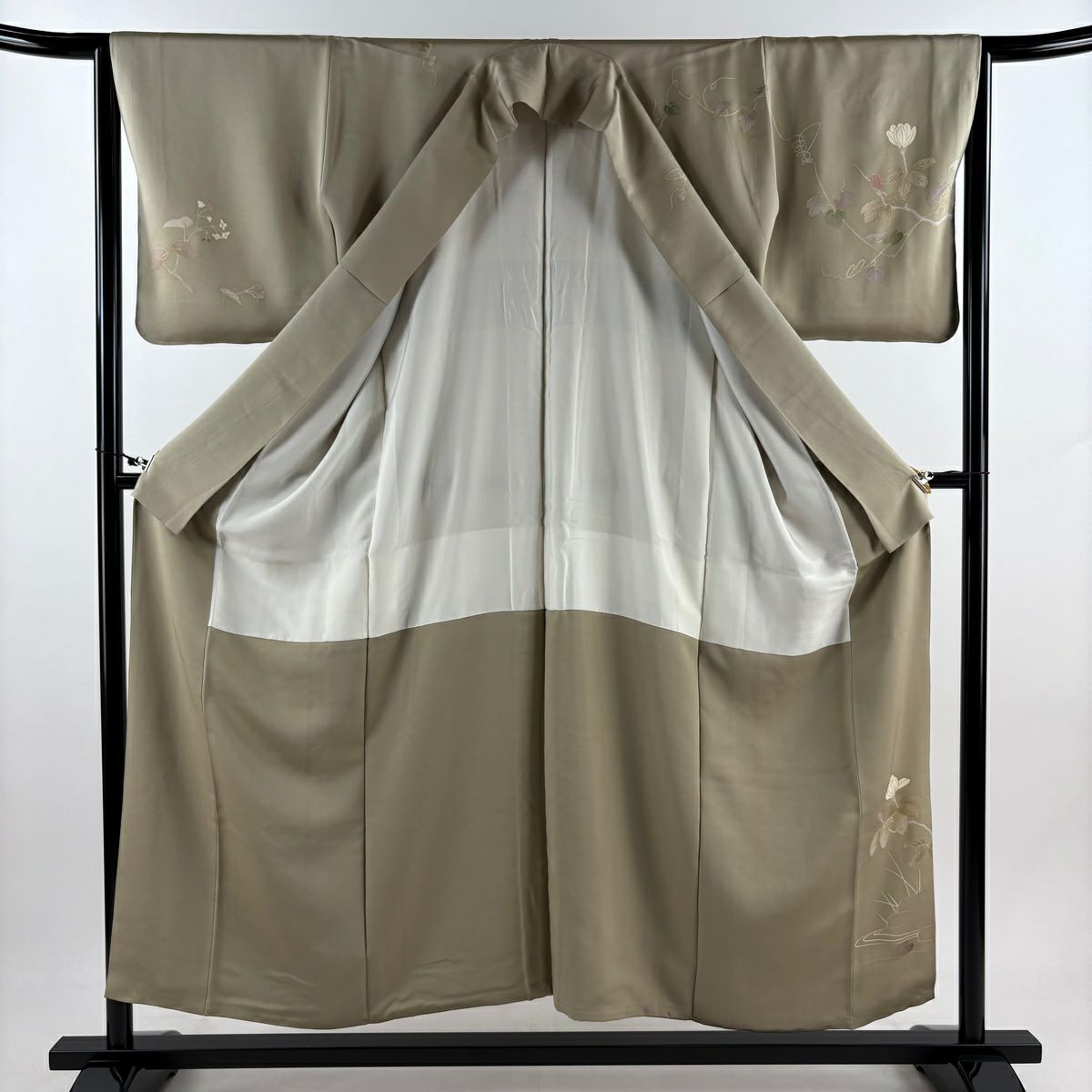 訪問服 身長154.5cm 袖長65cm M 雙層 枝花 流水 刺繡 金糸 灰綠 純蠶絲 秀品級 一つ紋