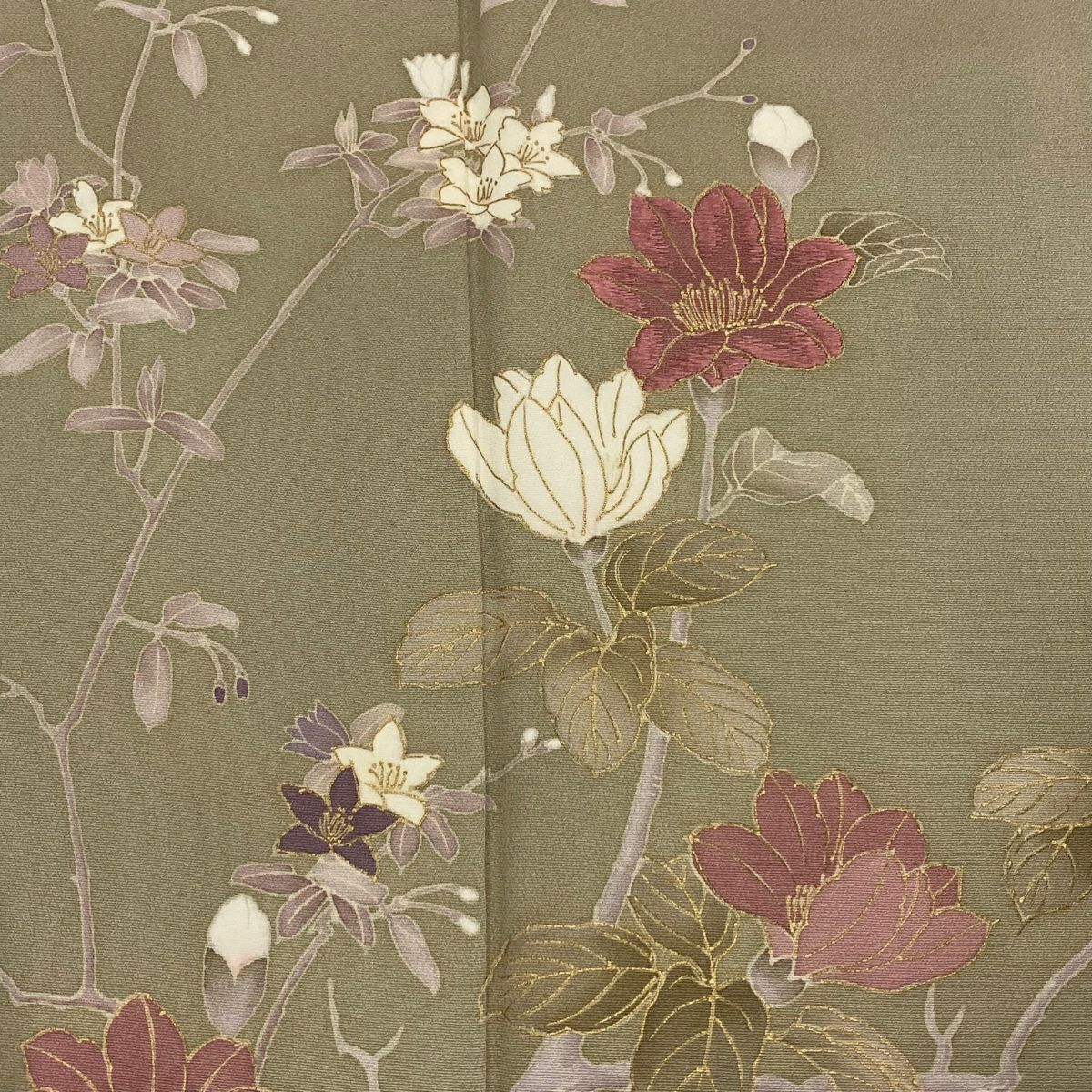 訪問服 身長154.5cm 袖長65cm M 雙層 枝花 流水 刺繡 金糸 灰綠 純蠶絲 秀品級 一つ紋
