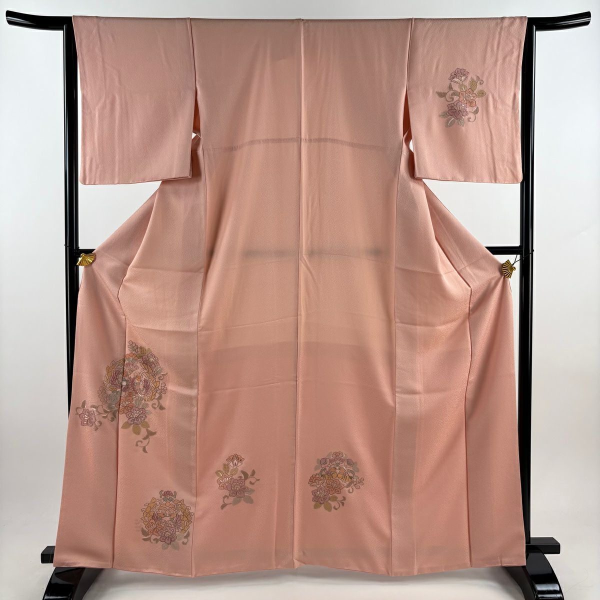 付下 身長164cm 袖長64cm M 雙層 草花紋紋 銀線 刺繡 粉紅 純蠶絲 美品 秀品級