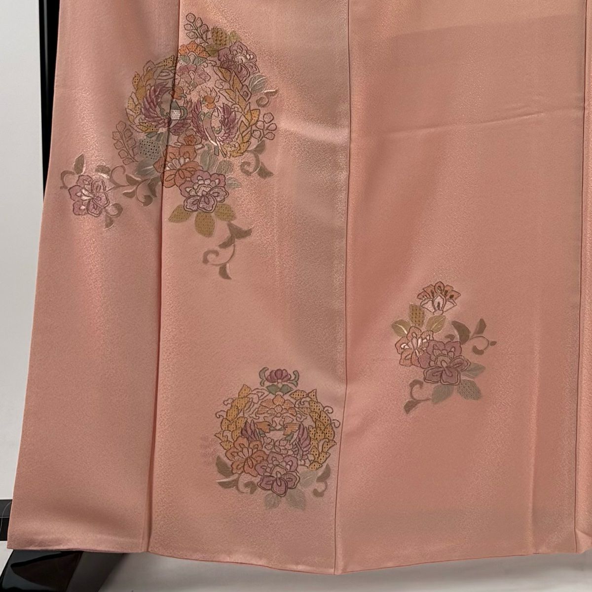 付下 身長164cm 袖長64cm M 雙層 草花紋紋 銀線 刺繡 粉紅 純蠶絲 美品 秀品級