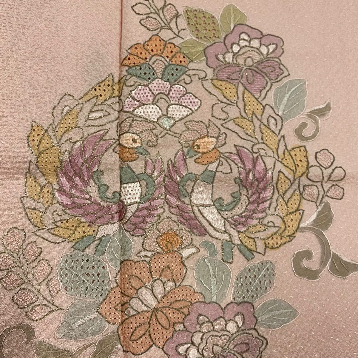 付下 身長164cm 袖長64cm M 雙層 草花紋紋 銀線 刺繡 粉紅 純蠶絲 美品 秀品級