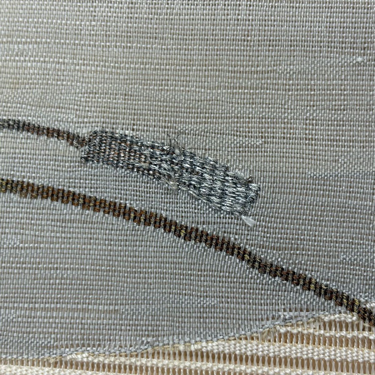 名古屋帶 秀品級 夏帶 絽 八寸名古屋帶 松樹葉仕立 單層仕立 幾何學圖案 金銀彩 米色 純蠶絲