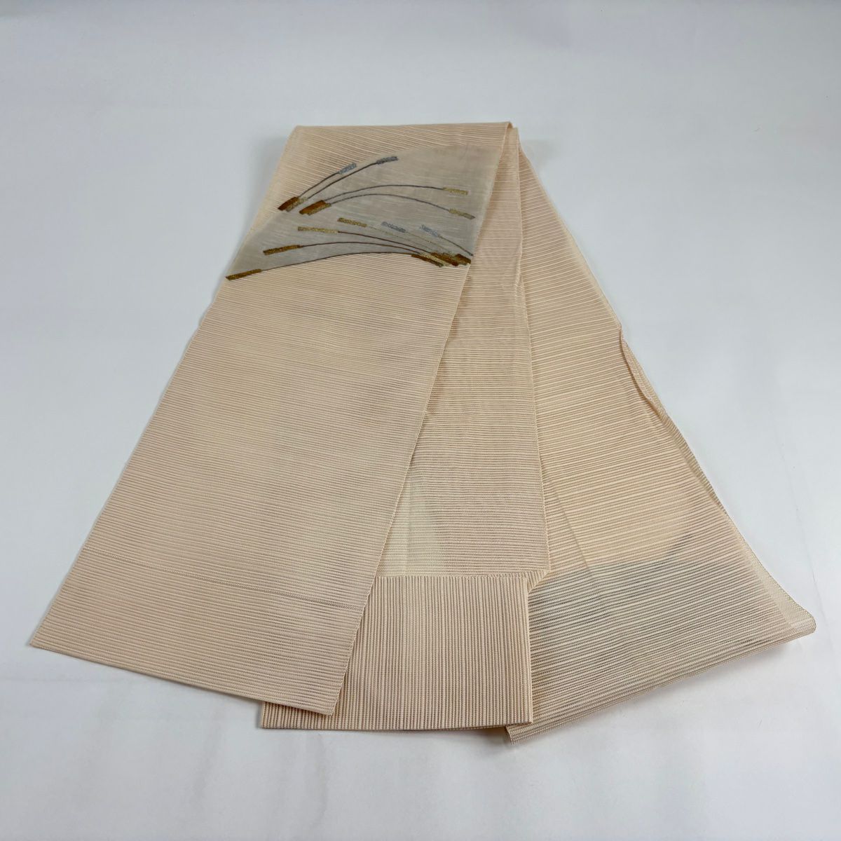 名古屋帶 秀品級 夏帶 絽 八寸名古屋帶 松樹葉仕立 單層仕立 幾何學圖案 金銀彩 米色 純蠶絲