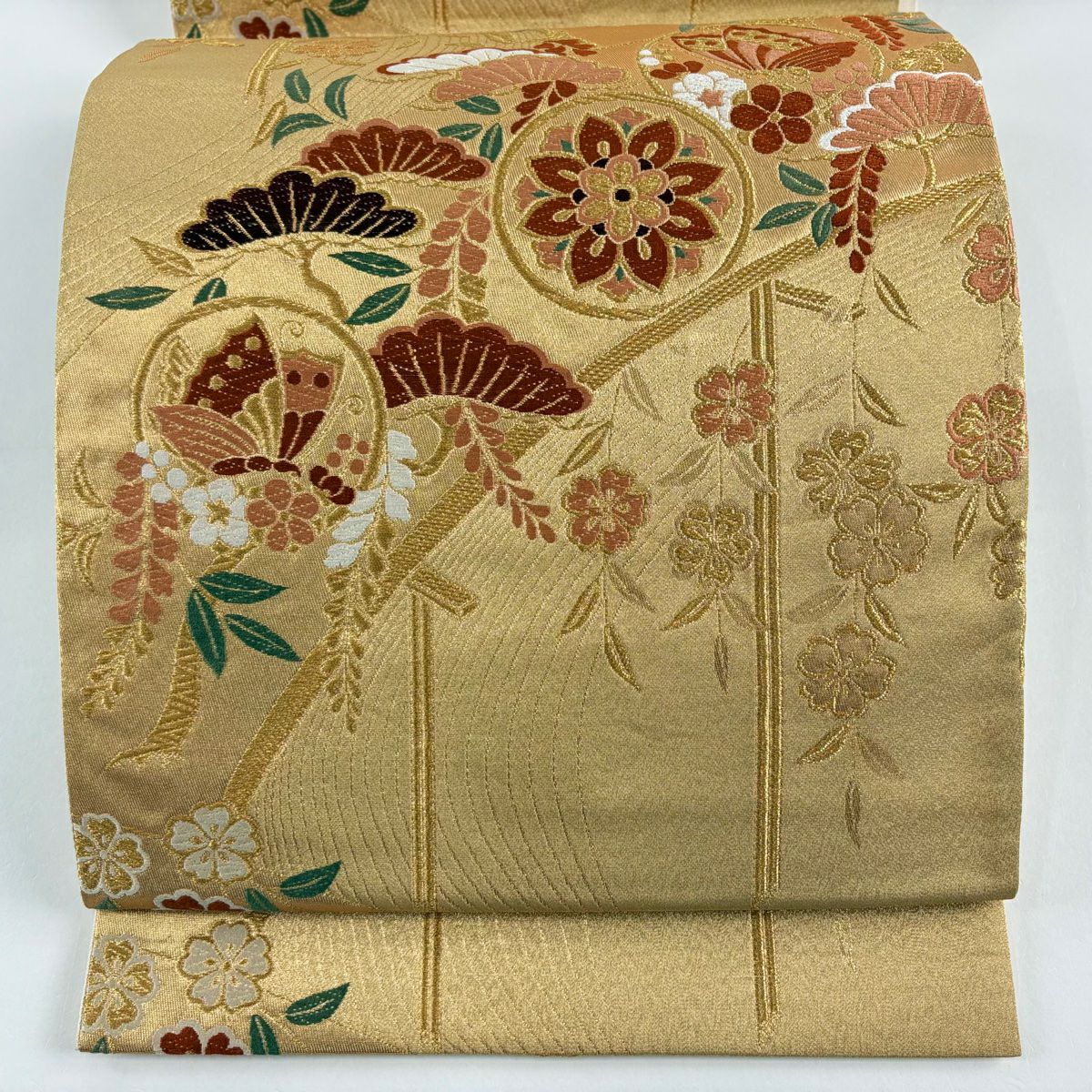 袋帶 美品 秀品級 華紋 花蝶 金絲 唐織 金 六通 純蠶絲