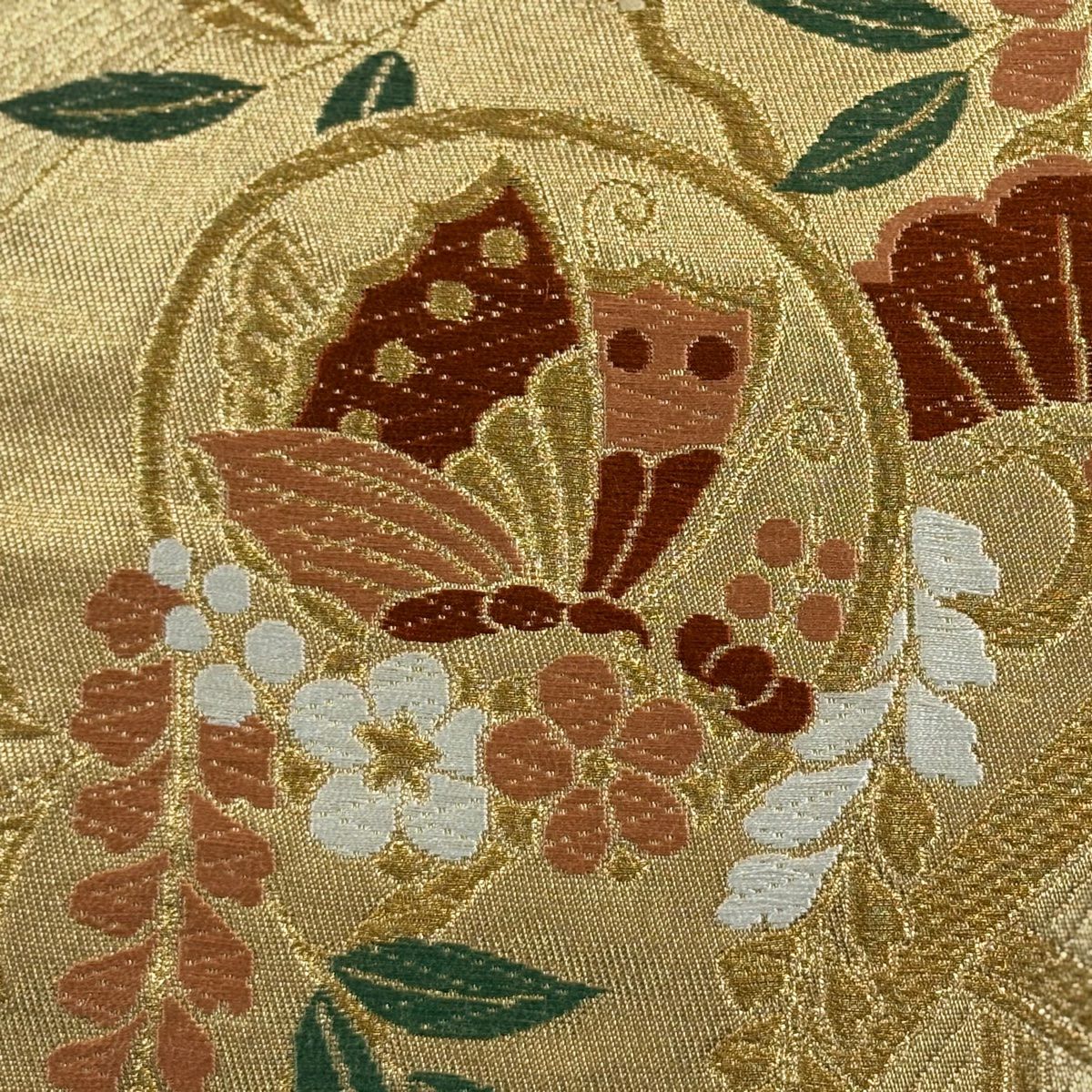 袋帶 美品 秀品級 華紋 花蝶 金絲 唐織 金 六通 純蠶絲