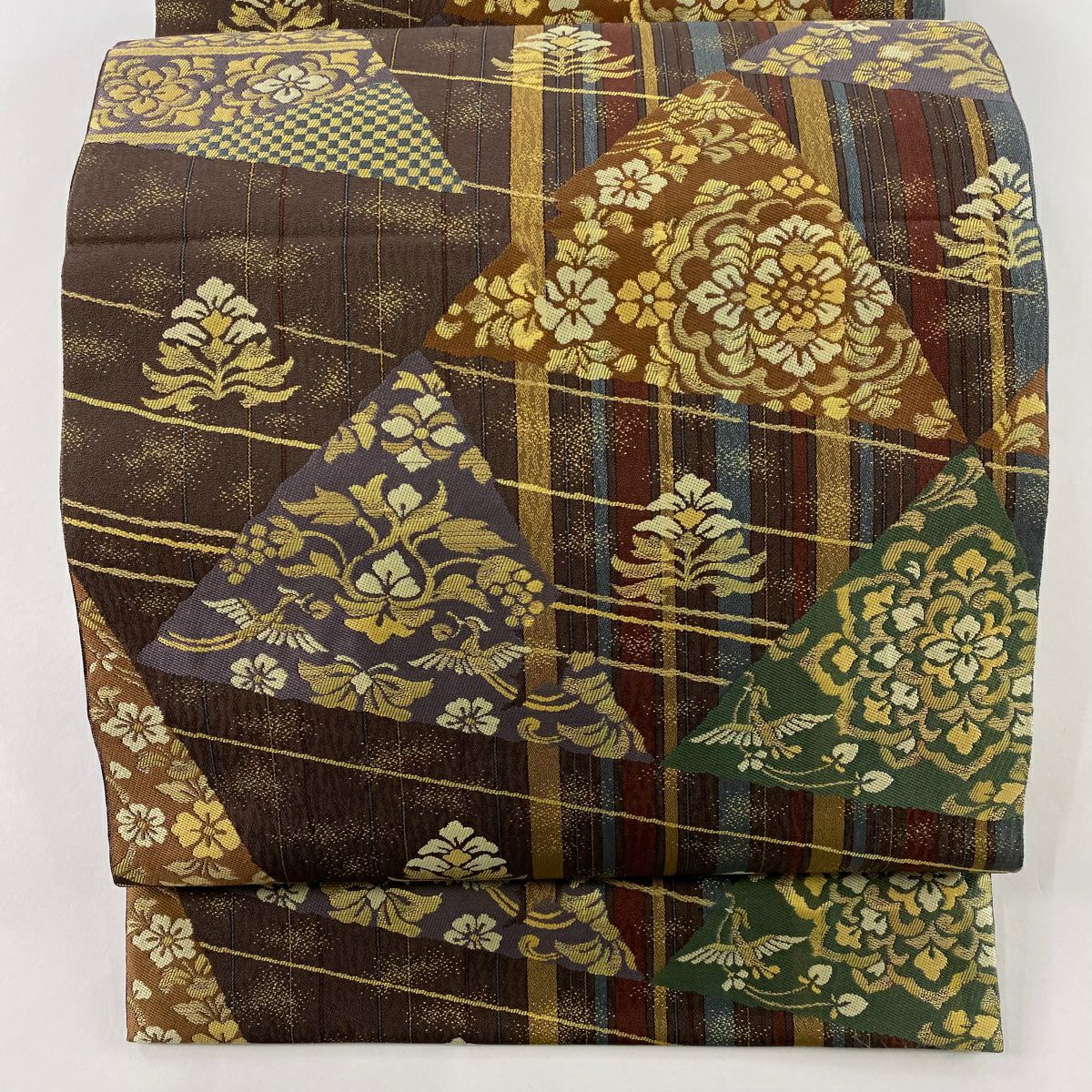 袋帶 美品 秀品級 華紋 花喰鳥 金金箔 金絲 茶紫 六通 純蠶絲