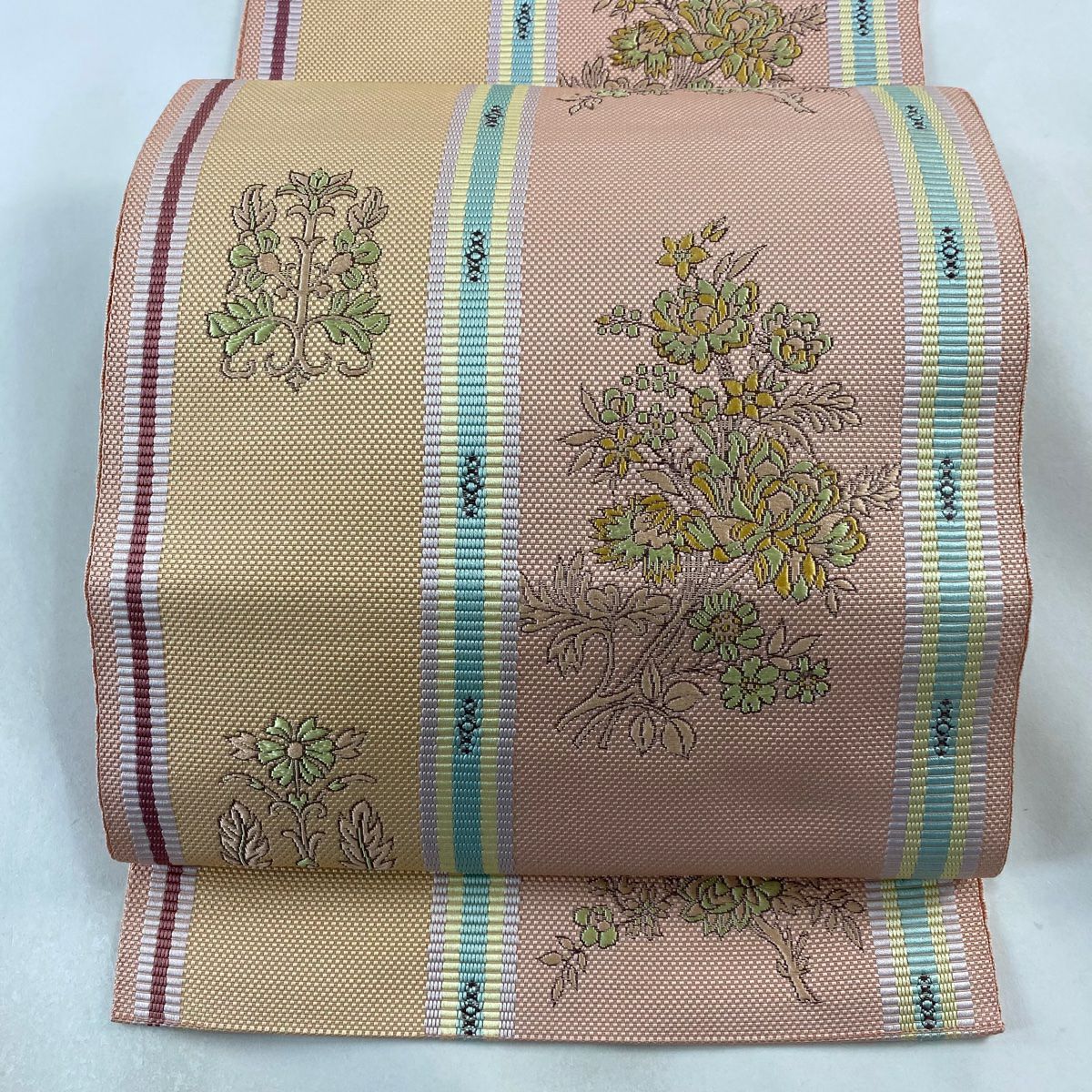 名古屋帶 秀品級 松樹葉仕立 雙層 八寸名古屋帶 紬織織 枝花紋 條紋 粉紅 純蠶絲