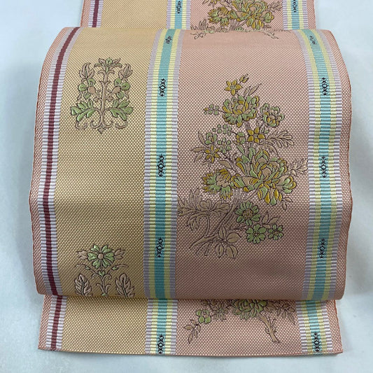 名古屋帶 秀品級 松樹葉仕立 雙層 八寸名古屋帶 紬織織 枝花紋 條紋 粉紅 純蠶絲