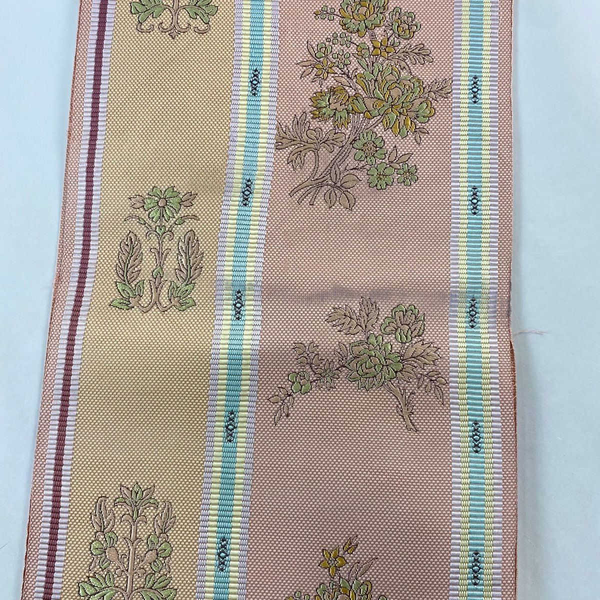 名古屋帶 秀品級 松樹葉仕立 雙層 八寸名古屋帶 紬織織 枝花紋 條紋 粉紅 純蠶絲