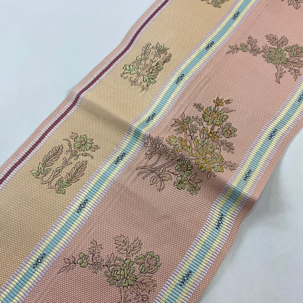 名古屋帶 秀品級 松樹葉仕立 雙層 八寸名古屋帶 紬織織 枝花紋 條紋 粉紅 純蠶絲