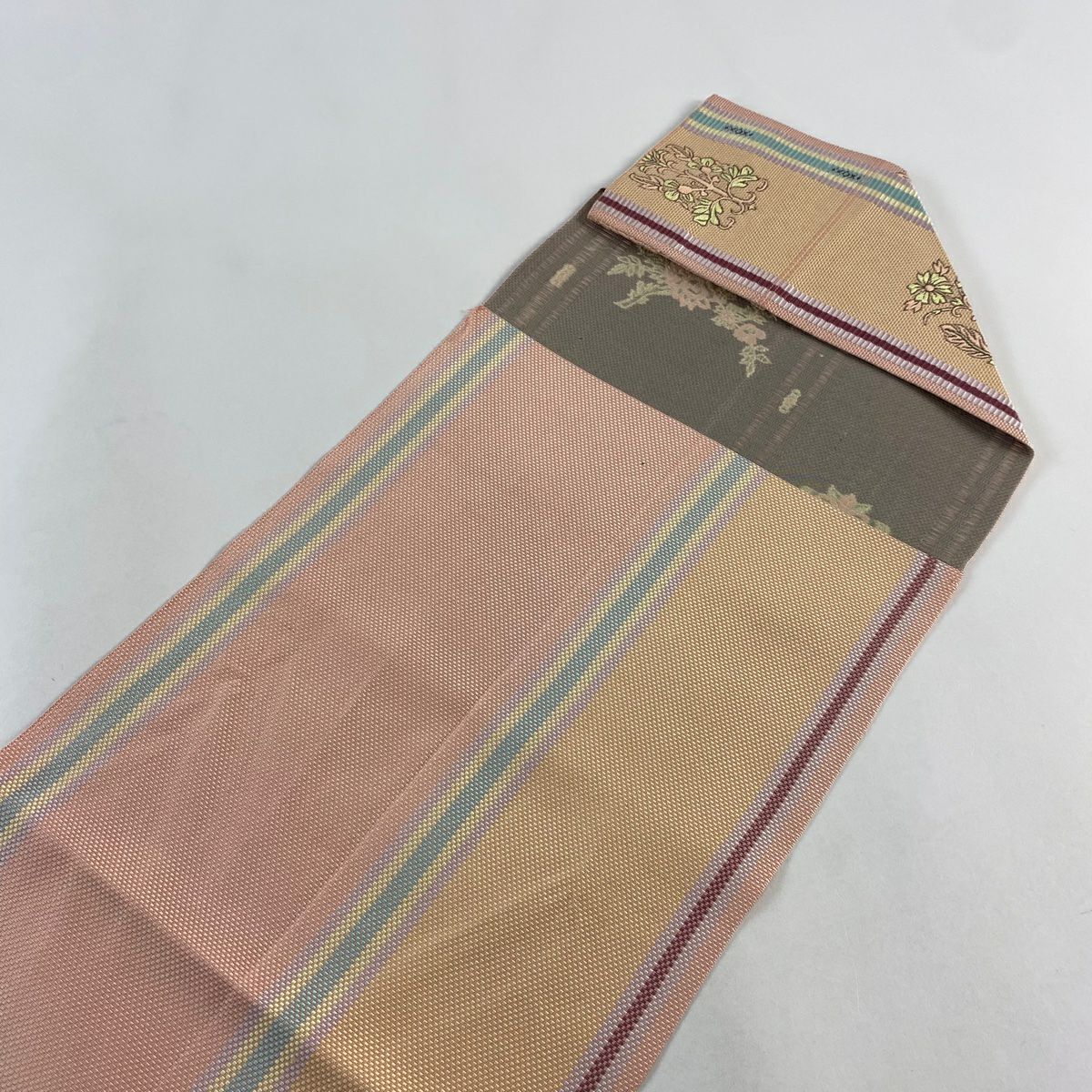 名古屋帶 秀品級 松樹葉仕立 雙層 八寸名古屋帶 紬織織 枝花紋 條紋 粉紅 純蠶絲
