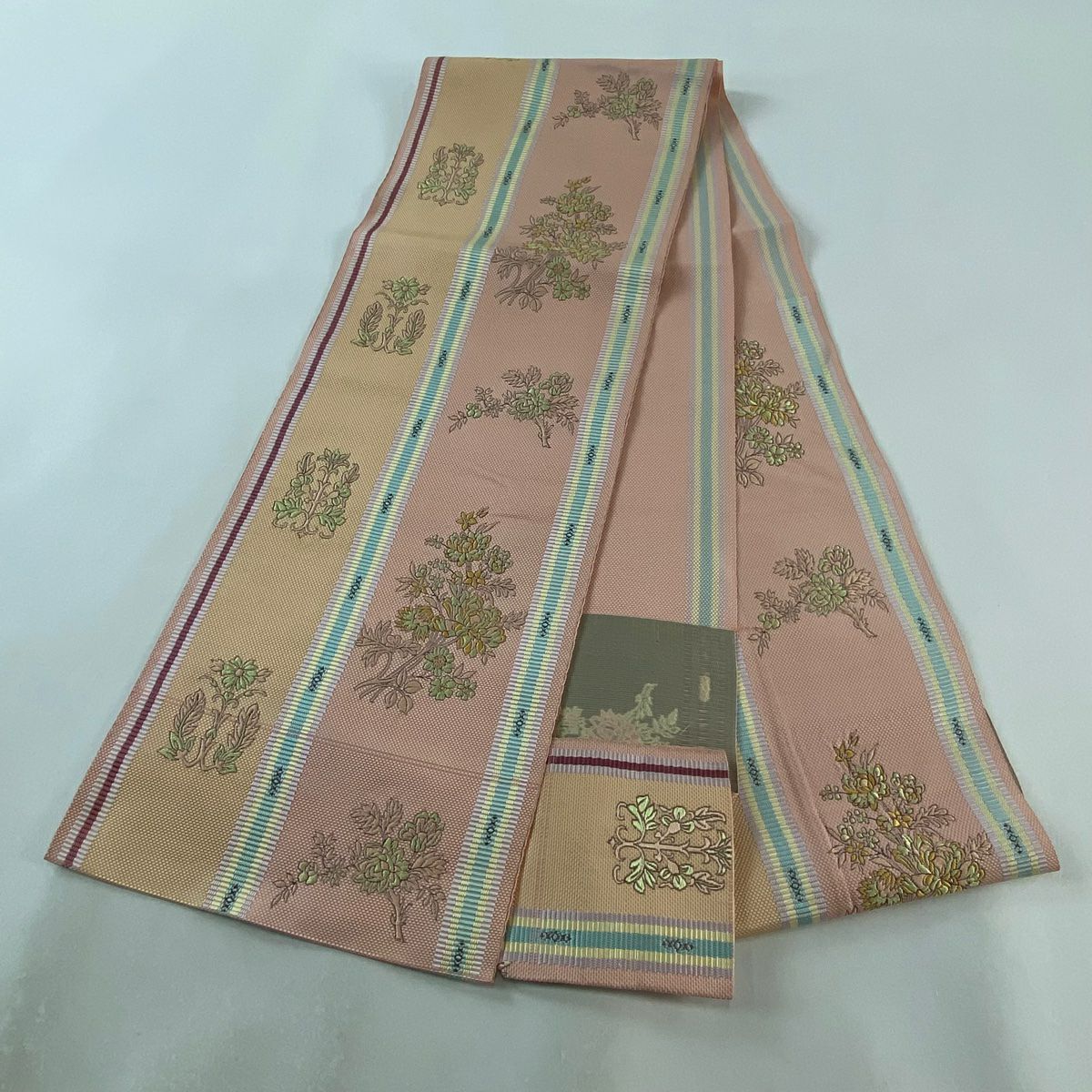 名古屋帶 秀品級 松樹葉仕立 雙層 八寸名古屋帶 紬織織 枝花紋 條紋 粉紅 純蠶絲