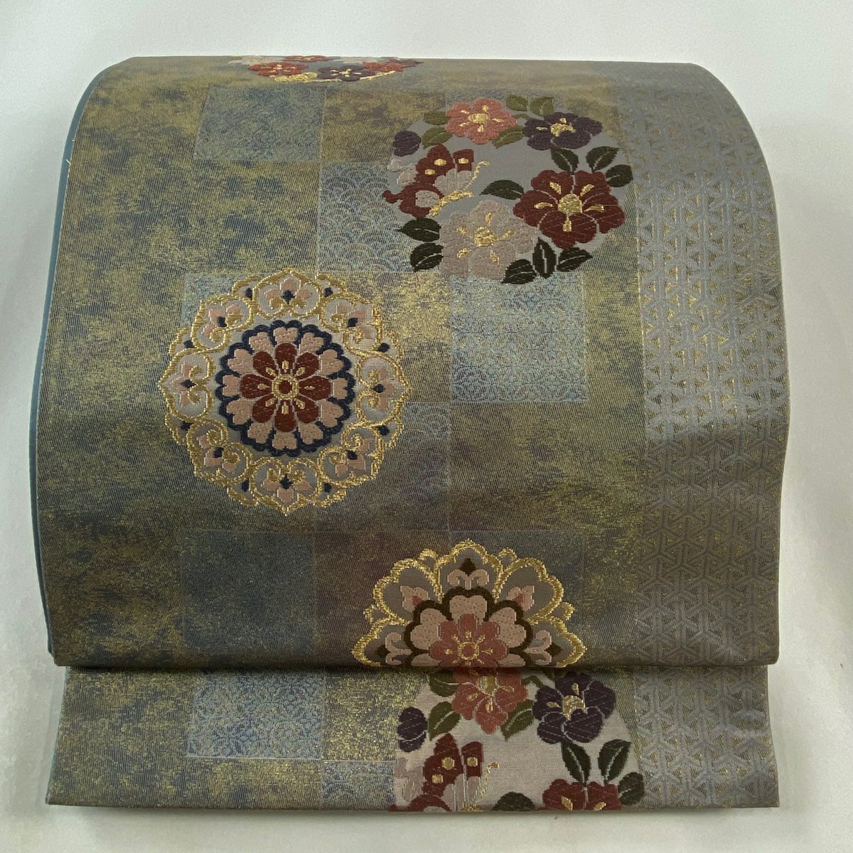 袋帶 美品 秀品級 花丸紋 華紋 金絲 金金箔 灰紫 六通 純蠶絲