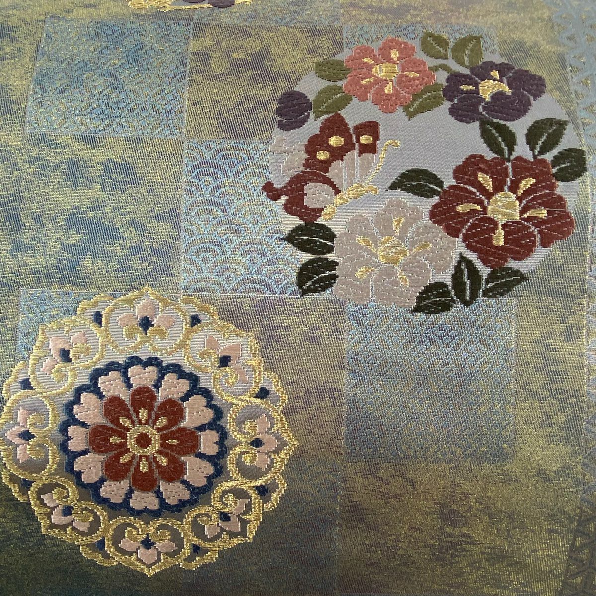 袋帶 美品 秀品級 花丸紋 華紋 金絲 金金箔 灰紫 六通 純蠶絲