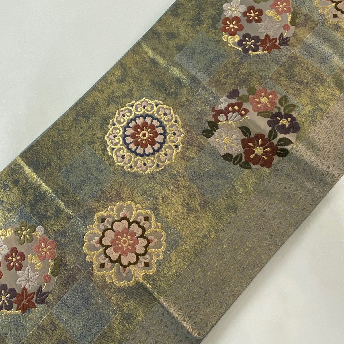 袋帶 美品 秀品級 花丸紋 華紋 金絲 金金箔 灰紫 六通 純蠶絲