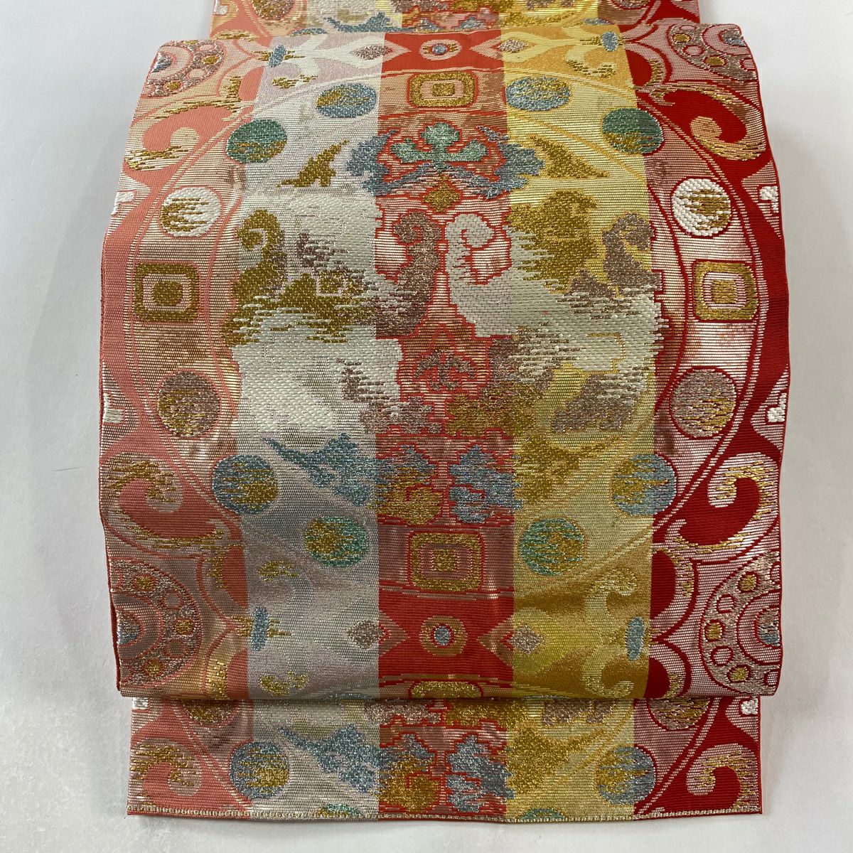 袋帶 美品 秀品級 條紋 連珠紋 金金箔 紅 六通 純蠶絲