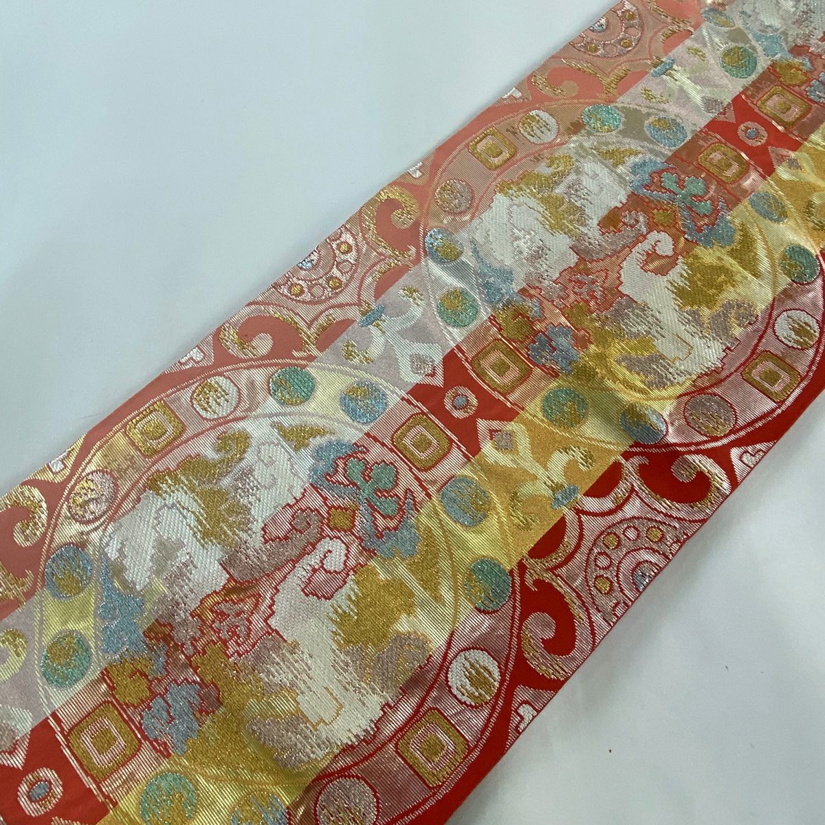 袋帶 美品 秀品級 條紋 連珠紋 金金箔 紅 六通 純蠶絲