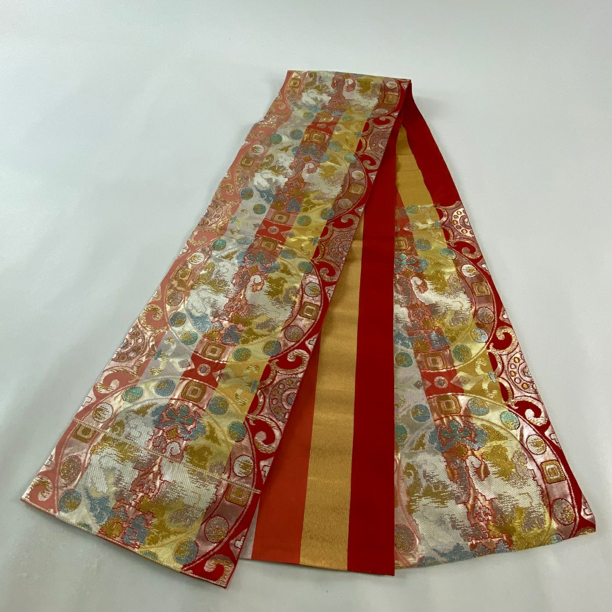 袋帶 美品 秀品級 條紋 連珠紋 金金箔 紅 六通 純蠶絲