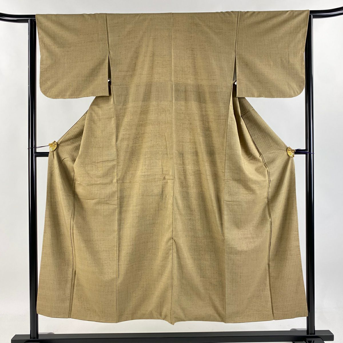 小紋 身長150.5cm 袖長63.5cm S 雙層 紬織織 垂直條紋 茶綠 純蠶絲 美品 優品級