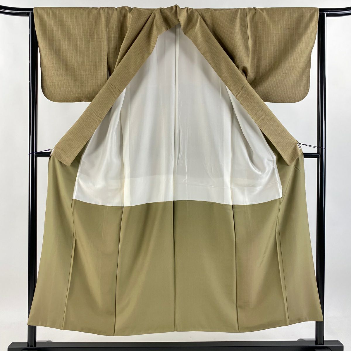 小紋 身長150.5cm 袖長63.5cm S 雙層 紬織織 垂直條紋 茶綠 純蠶絲 美品 優品級