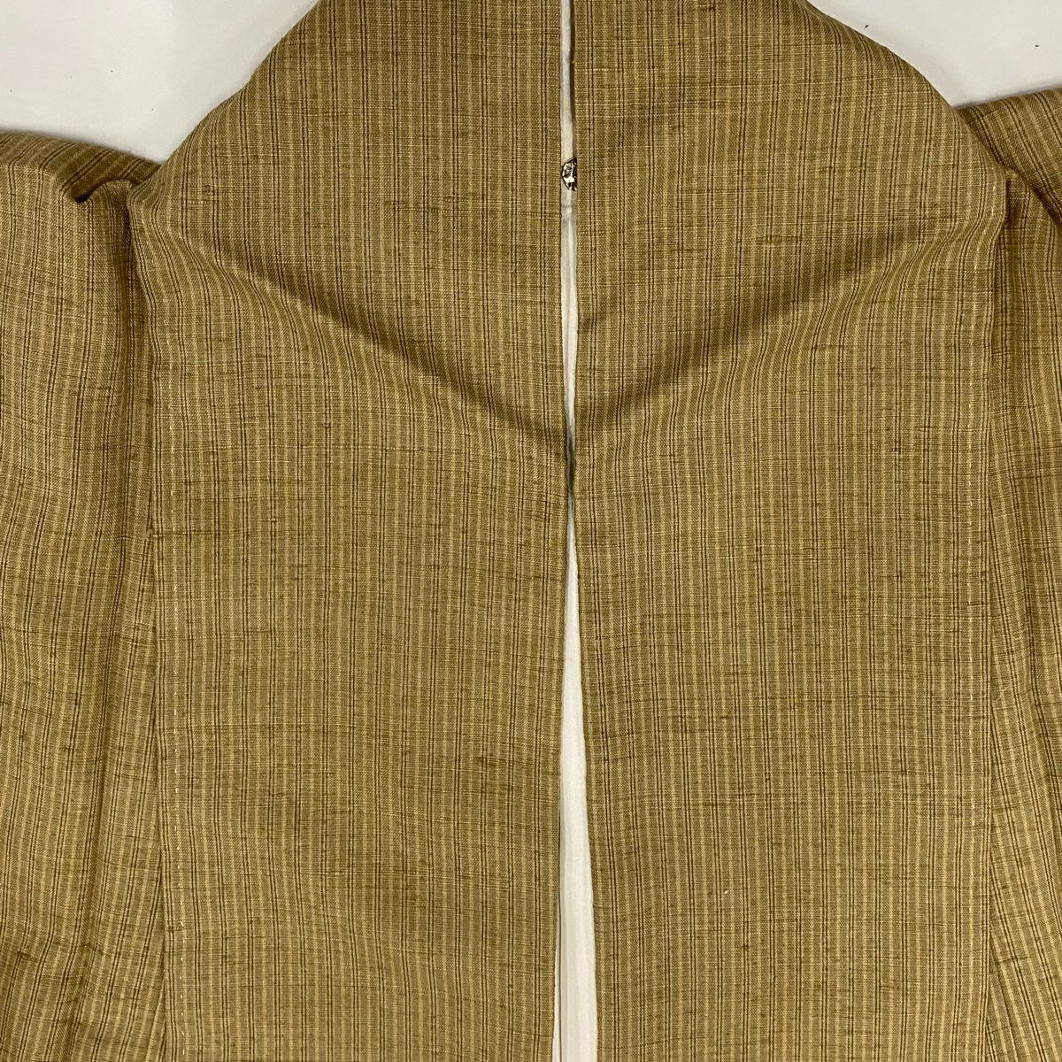 小紋 身長150.5cm 袖長63.5cm S 雙層 紬織織 垂直條紋 茶綠 純蠶絲 美品 優品級