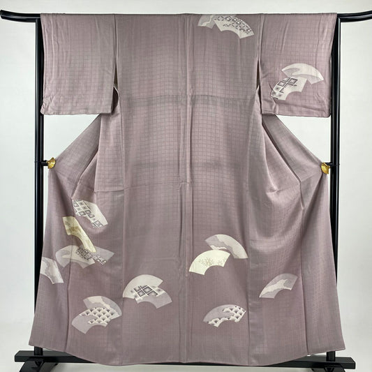 付下 身長158.5cm 袖長64.5cm M 雙層 扇子面 有職紋樣 金絲 金銀彩 灰紫 純蠶絲 優品級