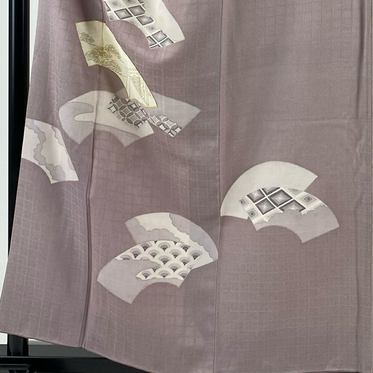 付下 身長158.5cm 袖長64.5cm M 雙層 扇子面 有職紋樣 金絲 金銀彩 灰紫 純蠶絲 優品級