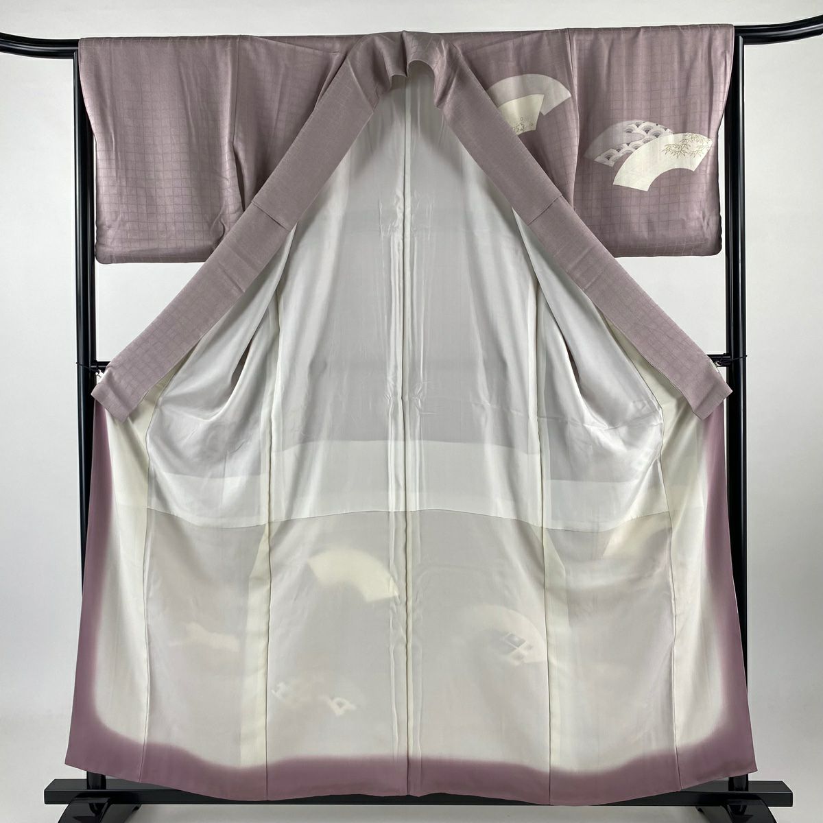 付下 身長158.5cm 袖長64.5cm M 雙層 扇子面 有職紋樣 金絲 金銀彩 灰紫 純蠶絲 優品級