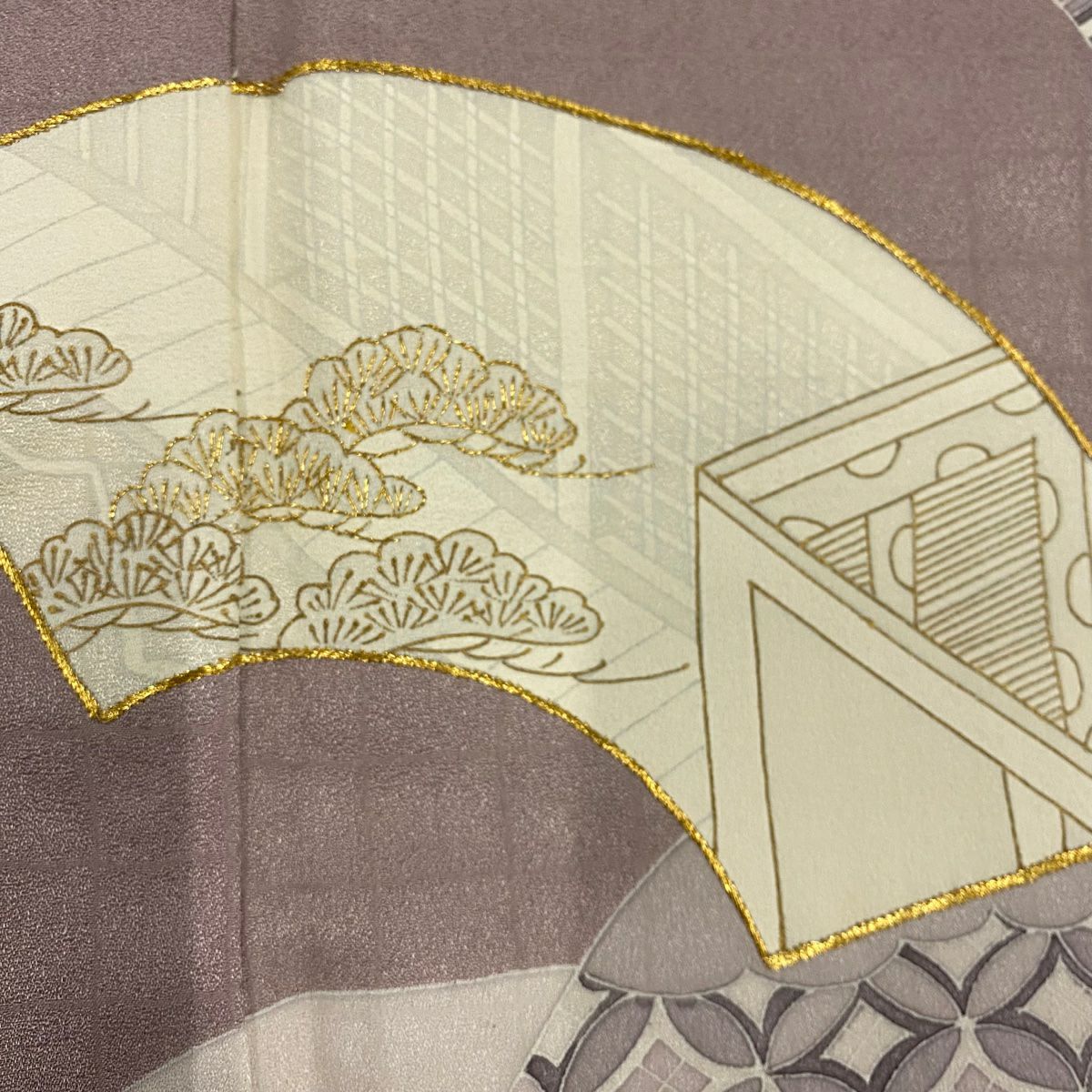 付下 身長158.5cm 袖長64.5cm M 雙層 扇子面 有職紋樣 金絲 金銀彩 灰紫 純蠶絲 優品級