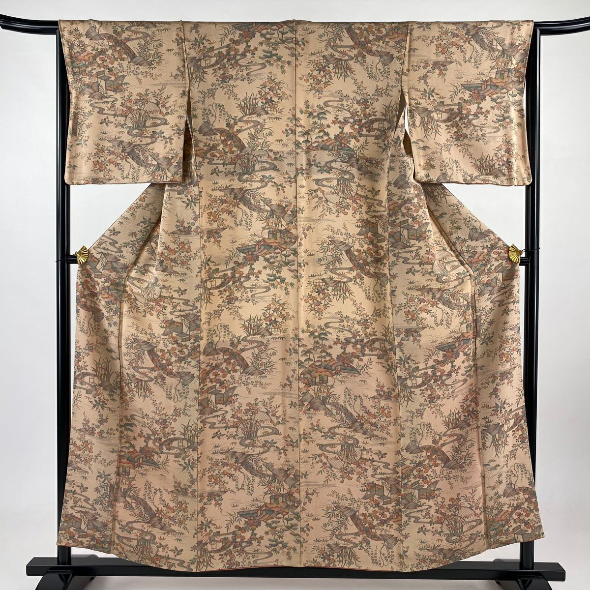 小紋 身長155.5cm 袖長65cm M 雙層 建物 草花紋紋 絞染 淺橙 純蠶絲 美品 優品級 一つ紋