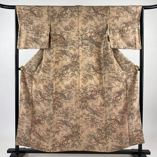 小紋 身長155.5cm 袖長65cm M 雙層 建物 草花紋紋 絞染 淺橙 純蠶絲 美品 優品級 一つ紋