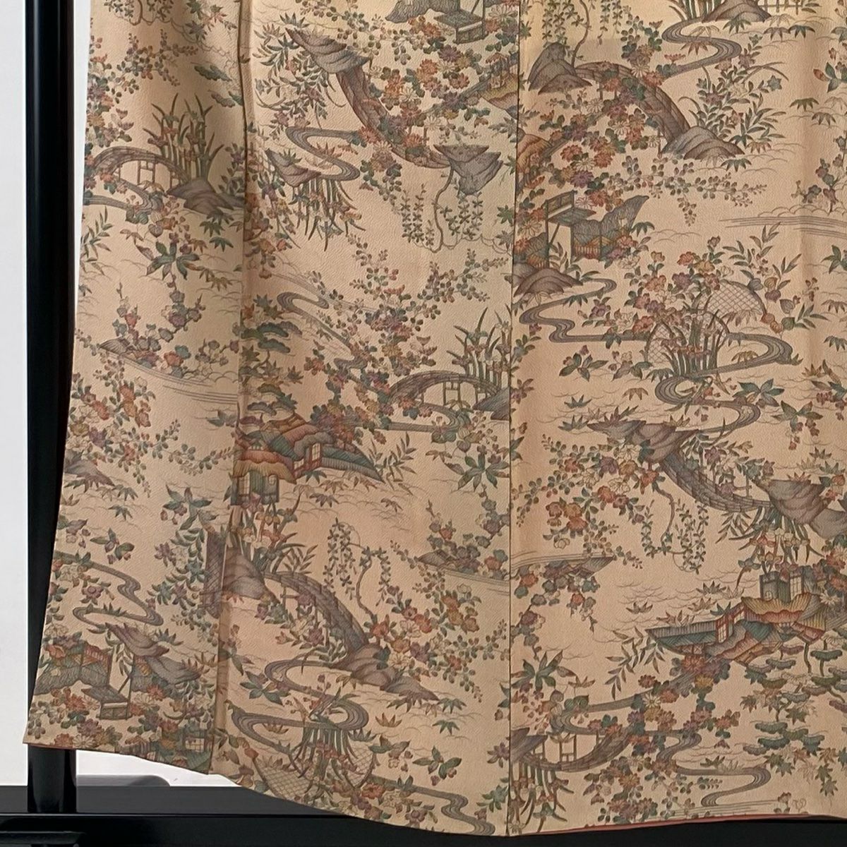 小紋 身長155.5cm 袖長65cm M 雙層 建物 草花紋紋 絞染 淺橙 純蠶絲 美品 優品級 一つ紋