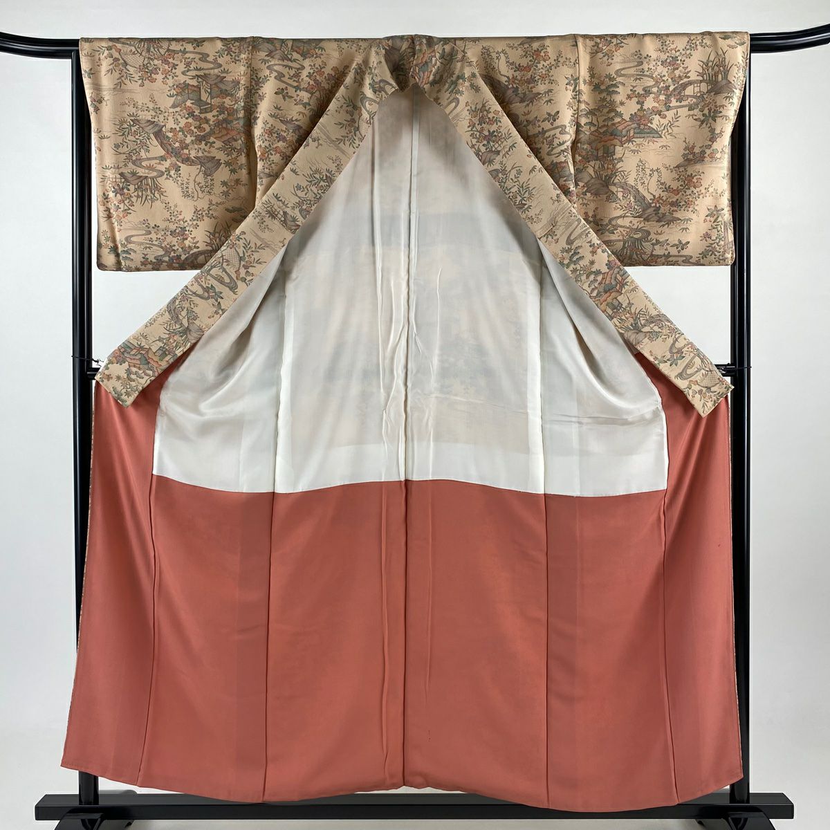 小紋 身長155.5cm 袖長65cm M 雙層 建物 草花紋紋 絞染 淺橙 純蠶絲 美品 優品級 一つ紋
