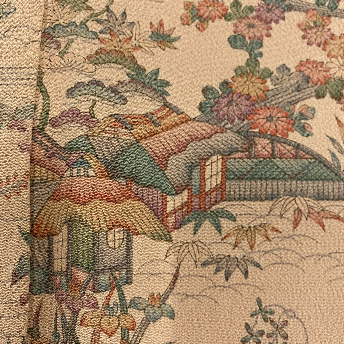 小紋 身長155.5cm 袖長65cm M 雙層 建物 草花紋紋 絞染 淺橙 純蠶絲 美品 優品級 一つ紋