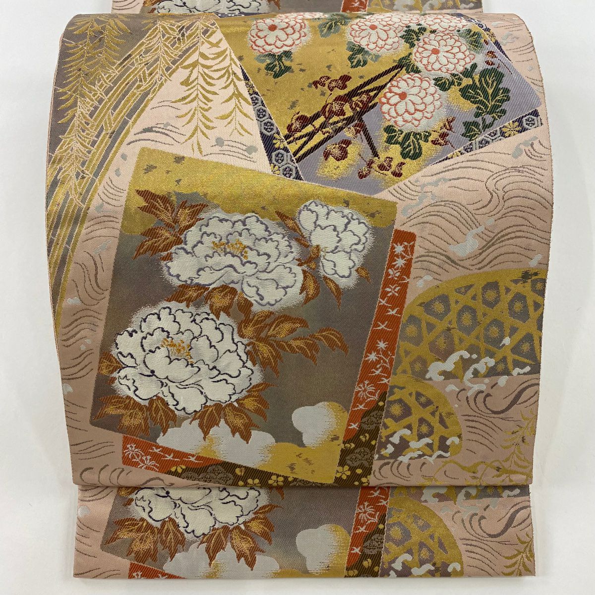 袋帶 秀品級 琳派柳橋色紙散佈 金絲 金金箔 粉紅 六通 純蠶絲